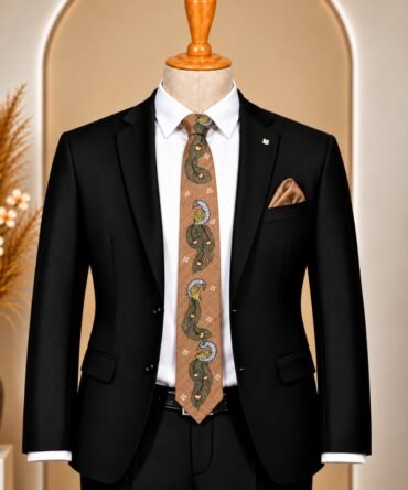 Pattachitra Hand Painted Peacock Brown Tie